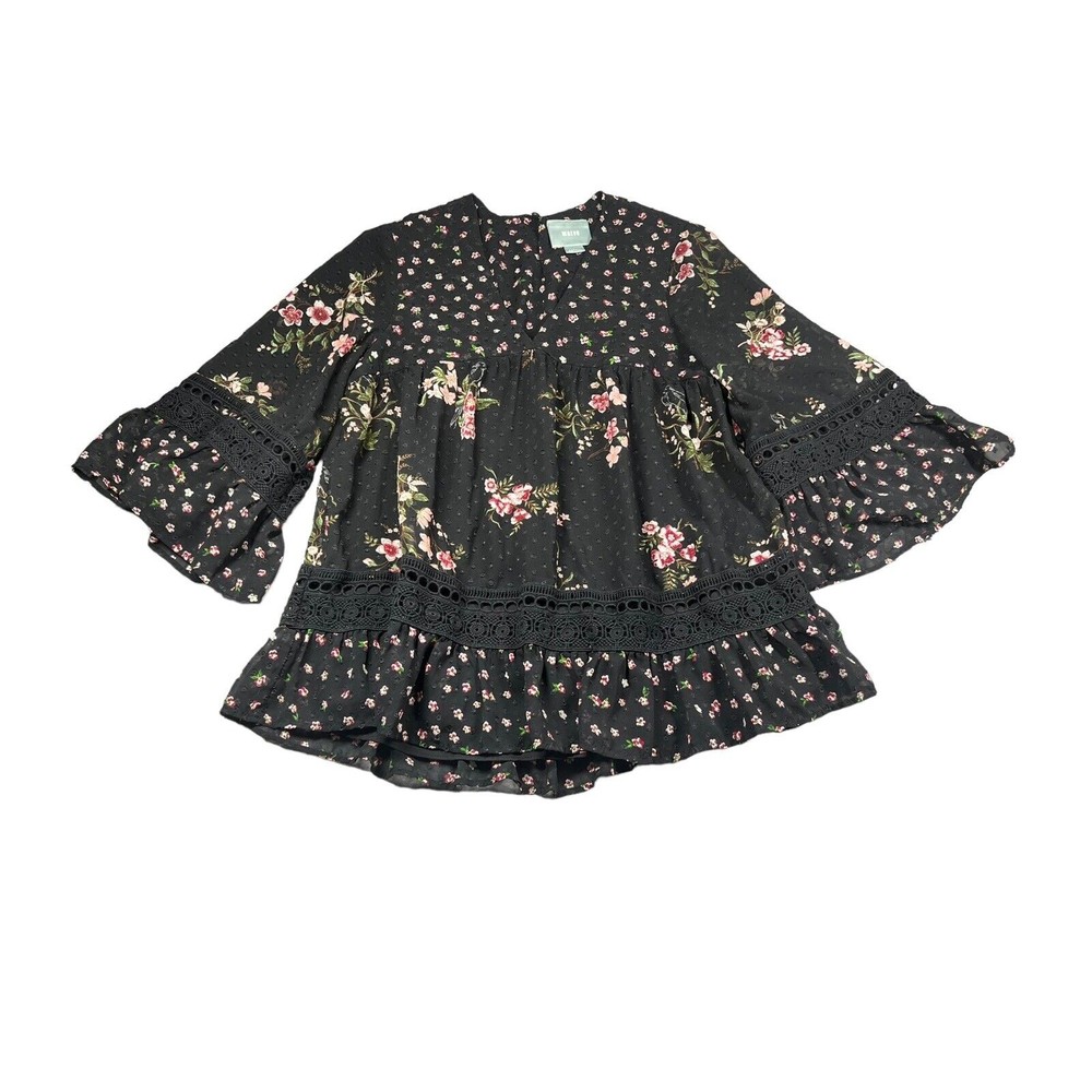 Anthropologie Maeve Steffy Bell Sleeve Boho Floral Sheer Ruffle & Lace Trim XS